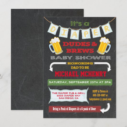 黒板のビールとおむつパーティーの招待状 招待状 (正面/裏面)