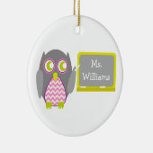 黒板のフクロウのピンクのシェブロンの灰色の先生 セラミックオーナメント (右)