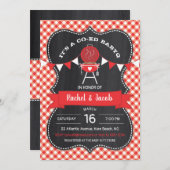 黒板のベビーシャワーのBABYQのギンガムの赤 招待状 (正面/裏面)