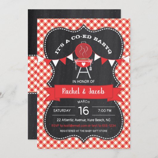 黒板のベビーシャワーのBABYQのギンガムの赤 招待状 (正面/裏面)