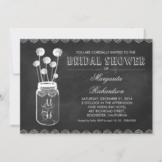 黒板のメーソンジャーのブライダルシャワー招待状 招待状 (正面)