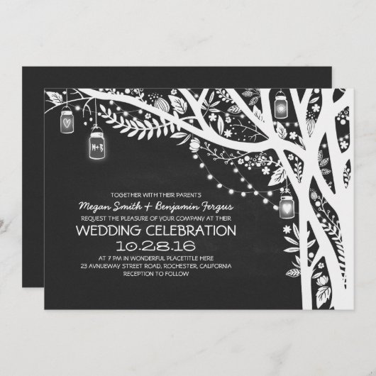 黒板のメーソンジャーの木のひもは結婚式をつけます 招待状 (正面/裏面)