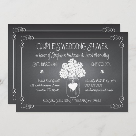 黒板のメーソンジャーの素朴なカップルのウェディングシャワー 招待状 (正面/裏面)