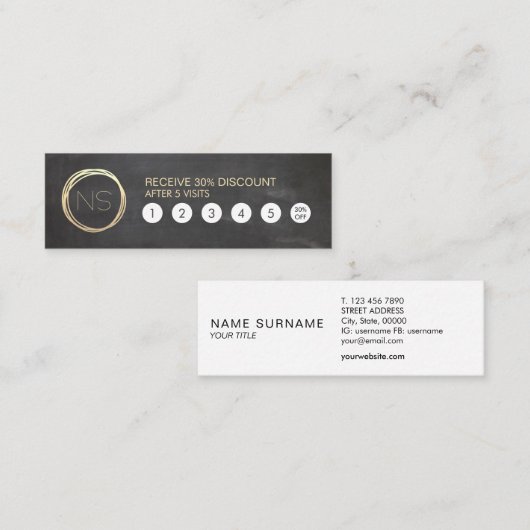 黒板のモダンな金ゴールドの円のモノグラムのロイヤリティ スキニー名刺 (正面/裏面)