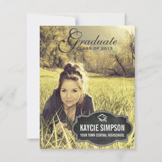 黒板のラベルを持つ完全な写真の卒業生のパーティー 招待状 (正面)