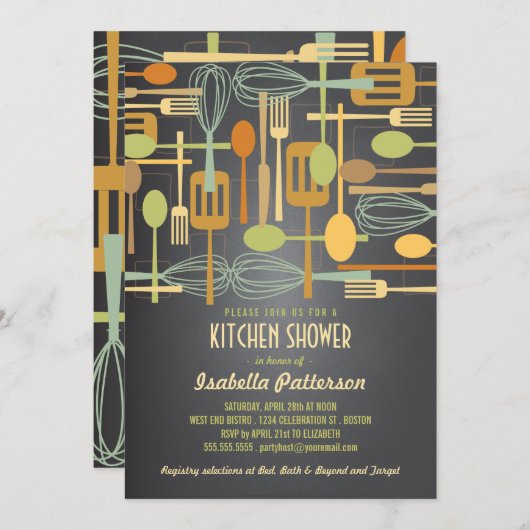 黒板のレトロの在庫台所ブライダルシャワー 招待状 (正面/裏面)