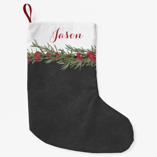 黒板のローズマリーおよび果実の素朴な水彩画 スモールクリスマスストッキング (正面)