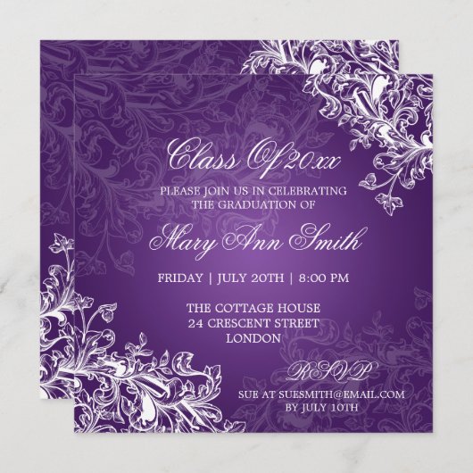 黒板のヴィンテージが卒業パーティーを渦巻く紫 招待状 (正面/裏面)