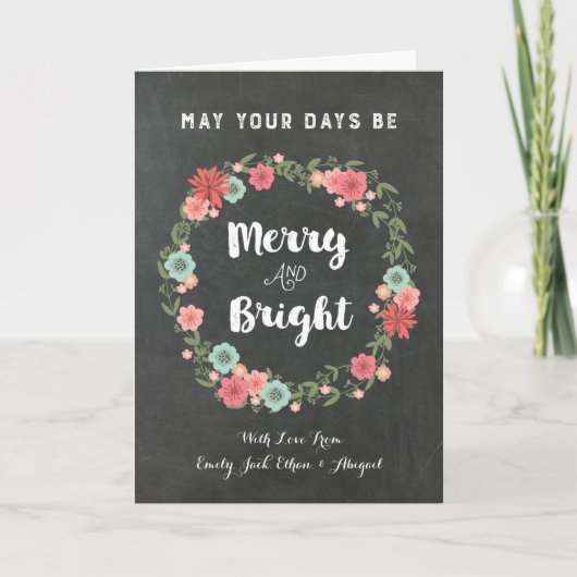 黒板のヴィンテージの花のリースのクリスマスカード シーズンカード (正面)