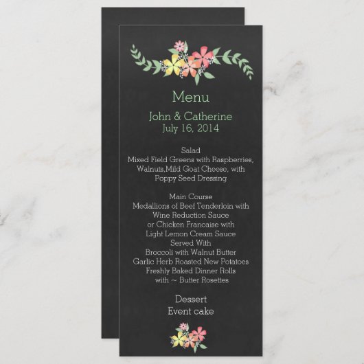 黒板の一見の花の結婚式のテーブルメニュー メニュー (正面/裏面)