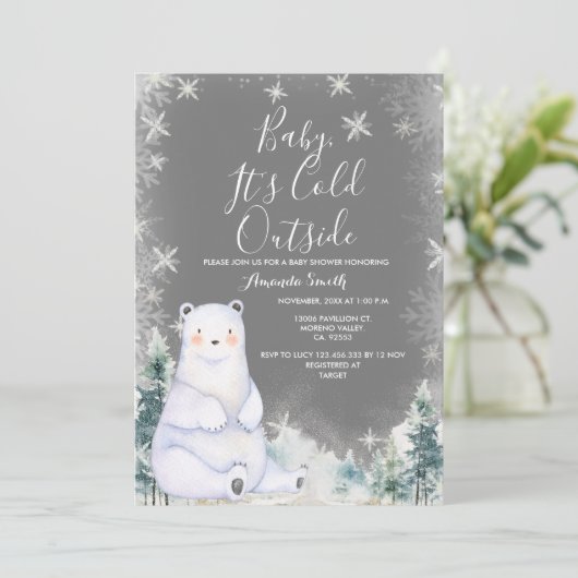 黒板の冬のクマ赤ちゃんシャワーホワイトスノーフレーク 招待状 (スタンド正面)