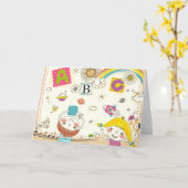 黒板の前で遊ぶ少女と少年 カード (黄色い花)