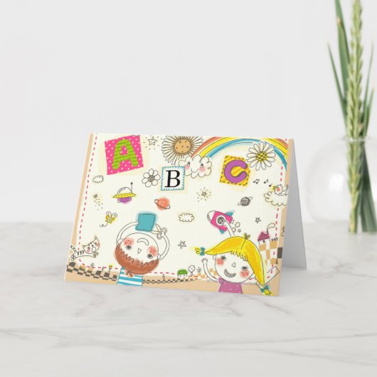 黒板の前で遊ぶ少女と少年 カード (正面)