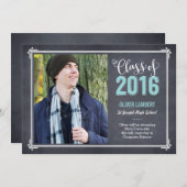 黒板の喜び卒業発表ブルー 案内状 (正面/裏面)