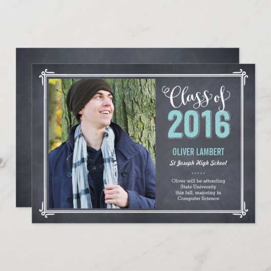 黒板の喜び卒業発表ブルー 案内状 (正面/裏面)