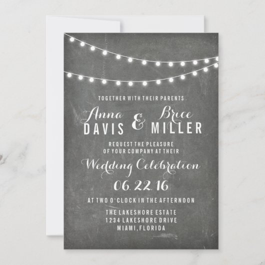 黒板の夏のストリング軽い結婚式 招待状 (正面)