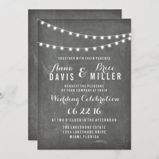 黒板の夏のストリング軽い結婚式 招待状 (正面/裏面)