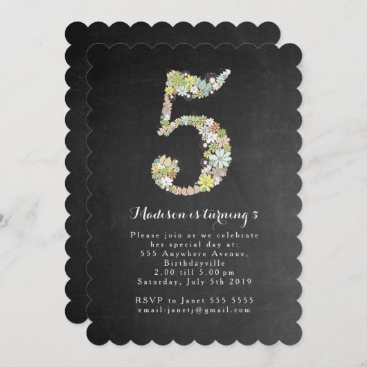 黒板の女の子の花柄の第5誕生会の招待 招待状 (正面/裏面)