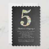 黒板の女の子の花柄の第5誕生会の招待 招待状 (正面)