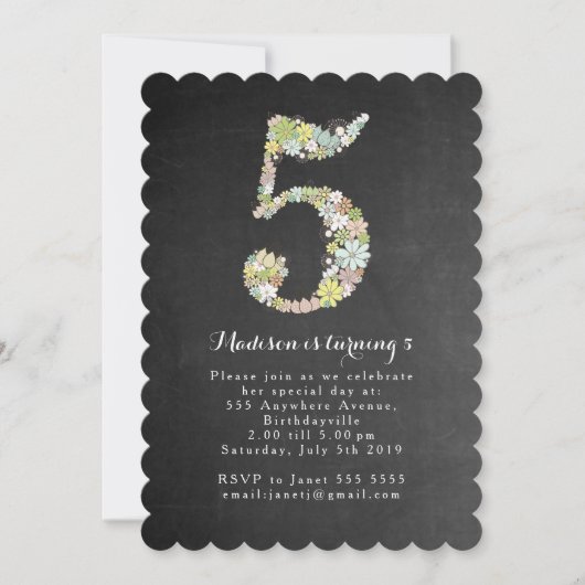 黒板の女の子の花柄の第5誕生会の招待 招待状 (正面)