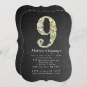 黒板の女の子の花柄の第9誕生会の招待 招待状 (正面/裏面)