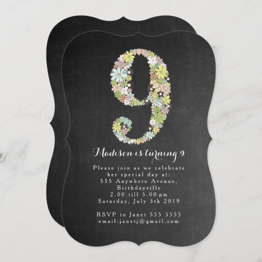 黒板の女の子の花柄の第9誕生会の招待 招待状 (正面/裏面)