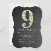 黒板の女の子の花柄の第9誕生会の招待 招待状 (正面)