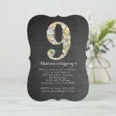 黒板の女の子の花柄の第9誕生会の招待 招待状 (スタンド正面)