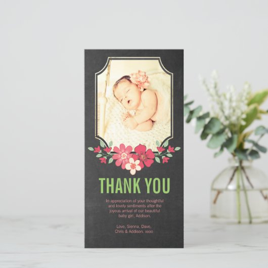 黒板の女の赤ちゃんによっては開花します写真カードが感謝していしています サンキューカード (スタンド正面)