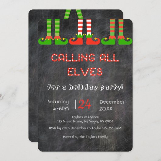 黒板の小妖精や小人のクリスマスのパーティの招待状 招待状 (正面/裏面)