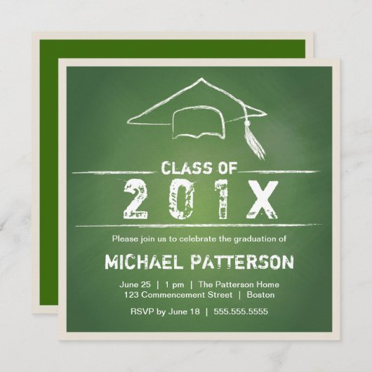 黒板の帽子とタッセルの卒業パーティー 招待状 (正面/裏面)
