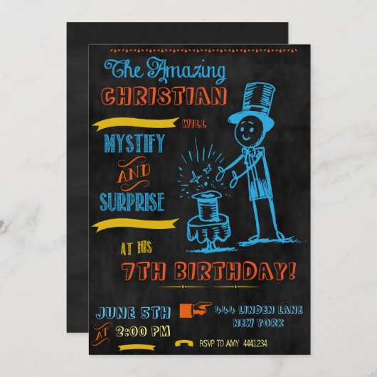 黒板の手品師の魔法のパーティの招待状 招待状 (正面/裏面)