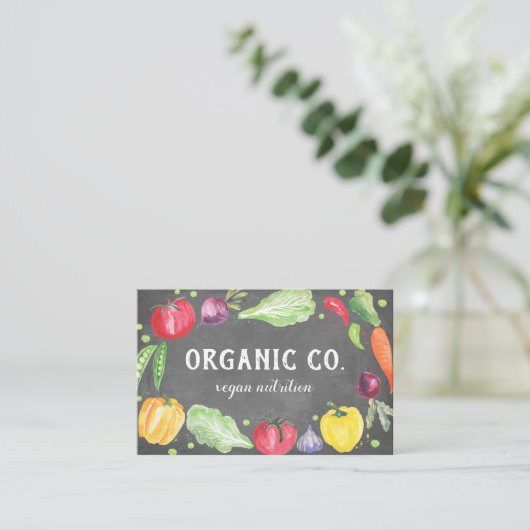 黒板の新しい水彩画のオーガニックな野菜 名刺 (スタンド正面)
