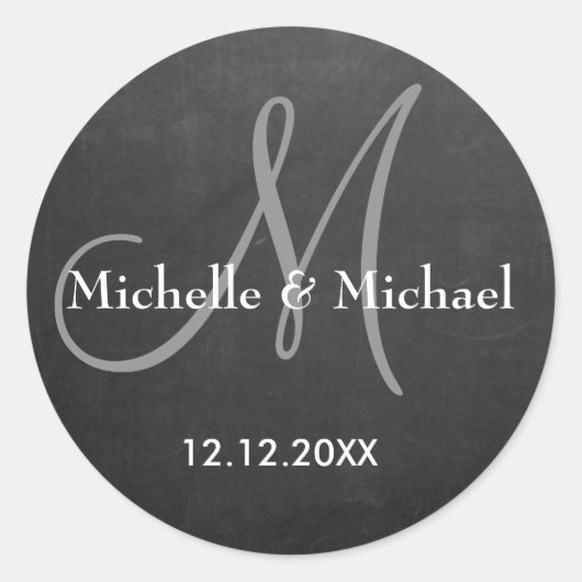 黒板の新郎新婦モノグラム ラウンドシール (正面)