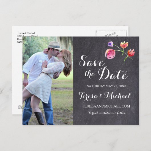 黒板の水彩の花日を保存 案内ポストカード (正面/裏面)