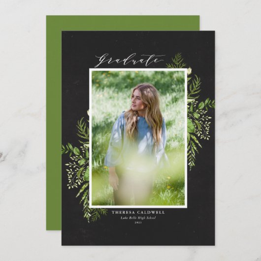 黒板の水彩葉写真卒業 案内状 (正面/裏面)