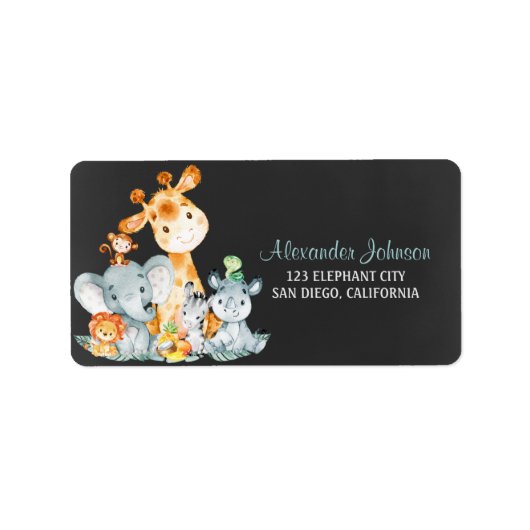 黒板の水柱かわいいジャングルの動物 ラベル (正面)