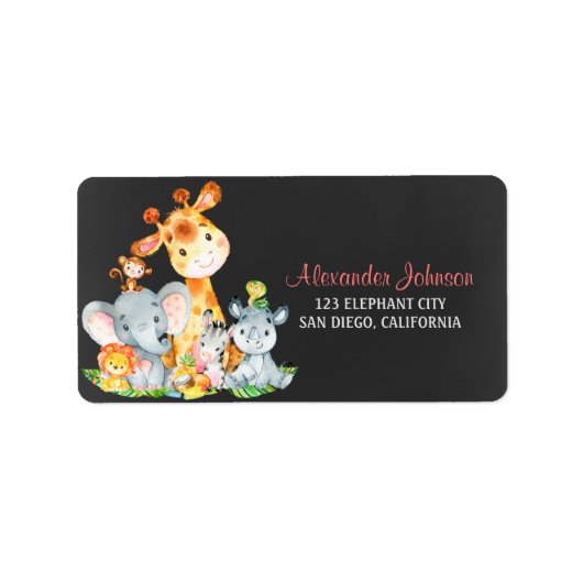 黒板の水柱かわいいジャングルの動物 ラベル (正面)
