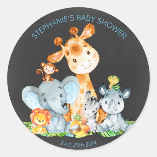 黒板の水柱かわいいジャングル動物のシール ラウンドシール (正面)