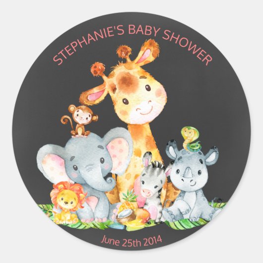黒板の水柱かわいいジャングル動物のシール ラウンドシール (正面)