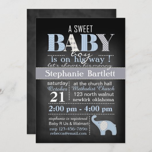 黒板の男の赤ちゃんのシェブロンの招待状 招待状 (正面/裏面)