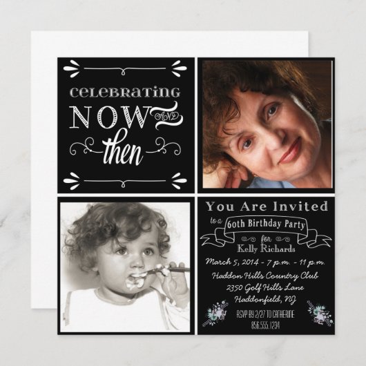 黒板の第60誕生日の正方形の写真の招待状 招待状 (正面/裏面)