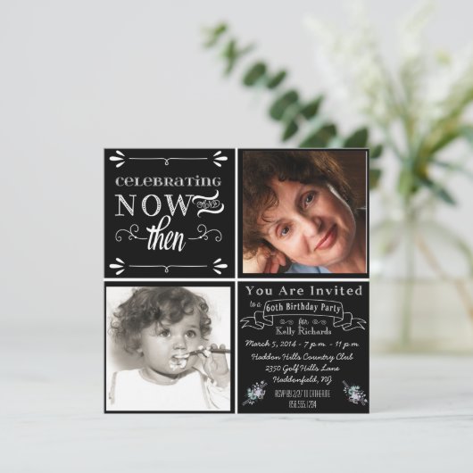 黒板の第60誕生日の正方形の写真の招待状 招待状 (スタンド正面)