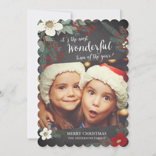 黒板の素敵なクリスマスの花の写真カード シーズンカード (正面)