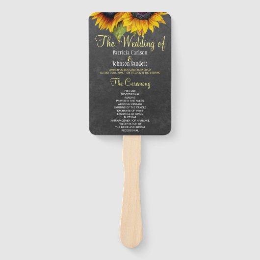 黒板の素朴なヒマワリのシックな結婚式プログラム ハンドファン (正面)