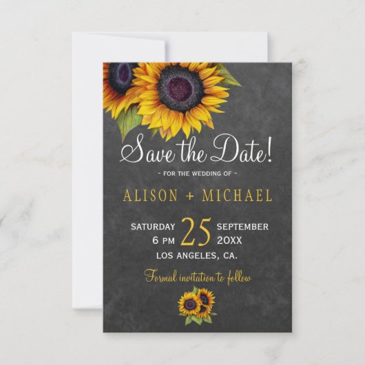 黒板の素朴なヒマワリ結婚が日の花を除く セーブザデート (正面)