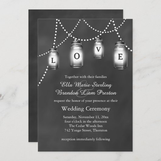 黒板の結婚式招待状の愛メーソンジャー 招待状 (正面/裏面)