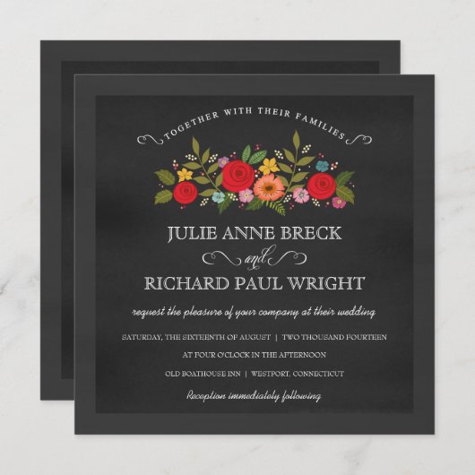 黒板の結婚式招待状-赤いバラ 招待状 (正面/裏面)