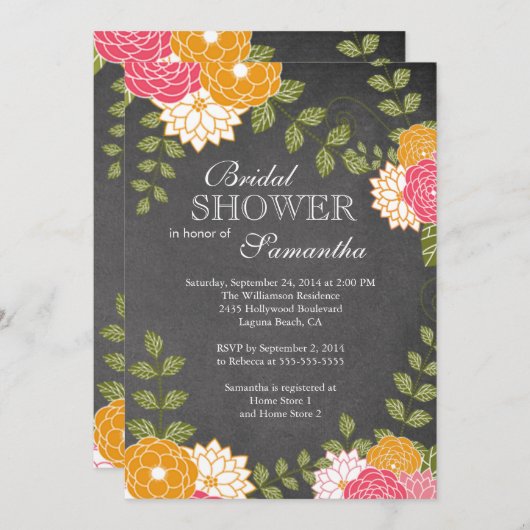 黒板の花のミイラの花のブライダルシャワー 招待状 (正面/裏面)