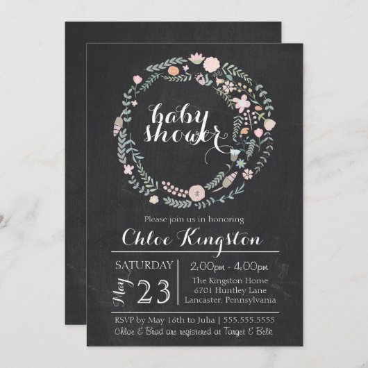 黒板の花のリースのベビーシャワーの招待状 招待状 (正面/裏面)